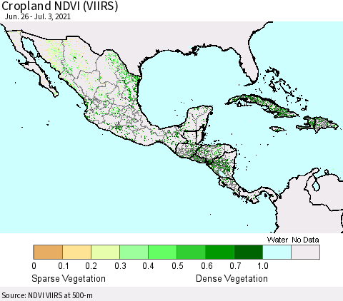Mexico Central America and the Caribbean Cropland NDVI (VIIRS) Thematic Map For 6/26/2021 - 7/3/2021