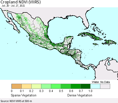 Mexico Central America and the Caribbean Cropland NDVI (VIIRS) Thematic Map For 7/20/2021 - 7/27/2021