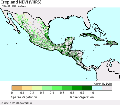 Mexico Central America and the Caribbean Cropland NDVI (VIIRS) Thematic Map For 11/25/2021 - 12/2/2021