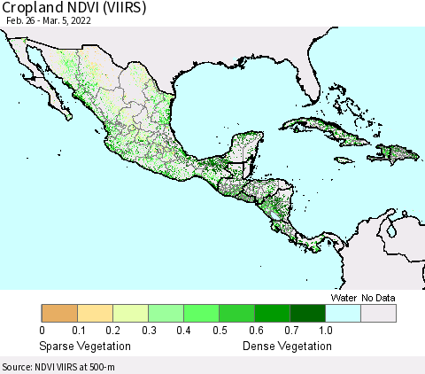 Mexico Central America and the Caribbean Cropland NDVI (VIIRS) Thematic Map For 2/26/2022 - 3/5/2022