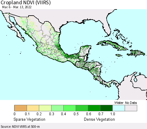 Mexico Central America and the Caribbean Cropland NDVI (VIIRS) Thematic Map For 3/6/2022 - 3/13/2022