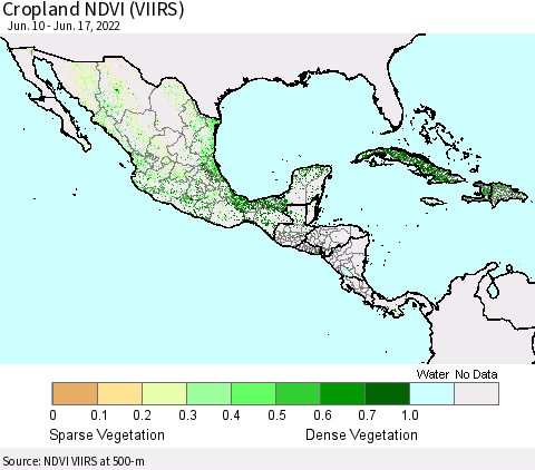 Mexico Central America and the Caribbean Cropland NDVI (VIIRS) Thematic Map For 6/10/2022 - 6/17/2022
