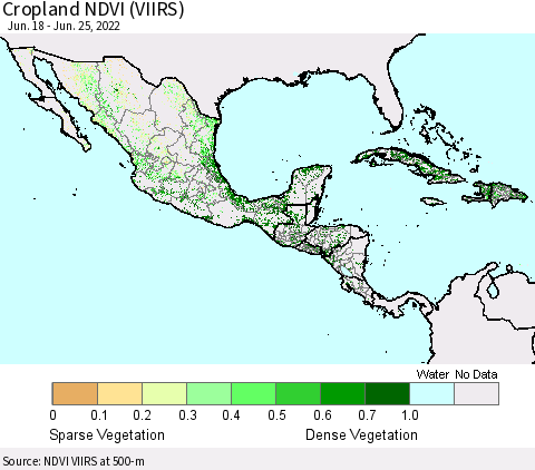 Mexico Central America and the Caribbean Cropland NDVI (VIIRS) Thematic Map For 6/18/2022 - 6/25/2022