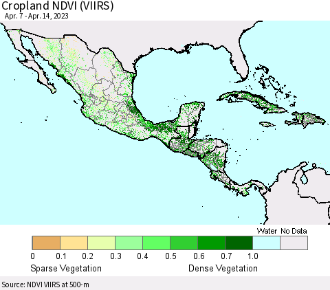 Mexico Central America and the Caribbean Cropland NDVI (VIIRS) Thematic Map For 4/7/2023 - 4/14/2023