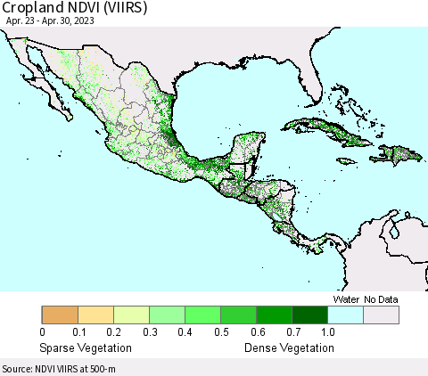 Mexico Central America and the Caribbean Cropland NDVI (VIIRS) Thematic Map For 4/23/2023 - 4/30/2023