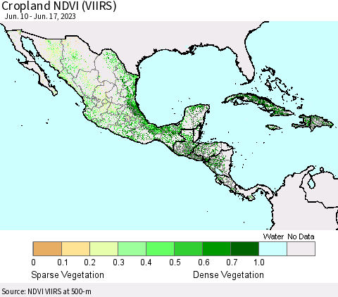 Mexico Central America and the Caribbean Cropland NDVI (VIIRS) Thematic Map For 6/10/2023 - 6/17/2023