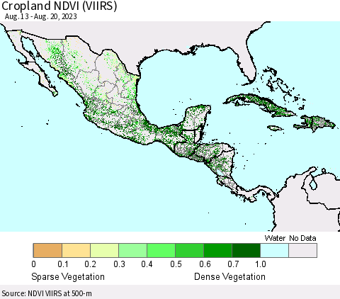 Mexico Central America and the Caribbean Cropland NDVI (VIIRS) Thematic Map For 8/13/2023 - 8/20/2023