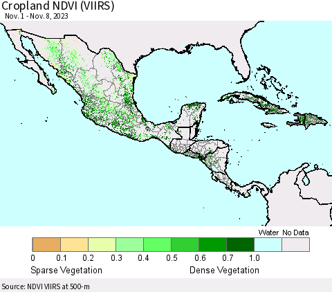 Mexico Central America and the Caribbean Cropland NDVI (VIIRS) Thematic Map For 11/1/2023 - 11/8/2023