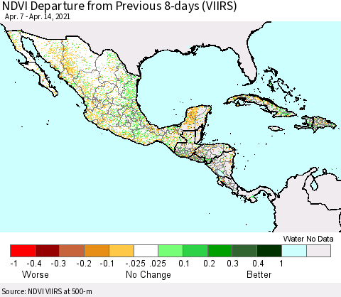 Mexico Central America and the Caribbean NDVI Departure from Previous 8-days (VIIRS) Thematic Map For 4/7/2021 - 4/14/2021