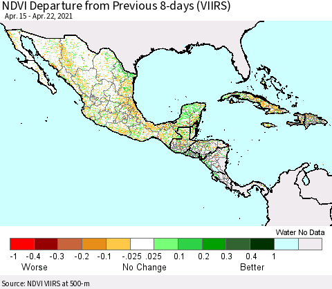 Mexico Central America and the Caribbean NDVI Departure from Previous 8-days (VIIRS) Thematic Map For 4/15/2021 - 4/22/2021