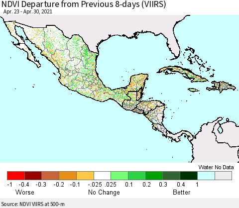 Mexico Central America and the Caribbean NDVI Departure from Previous 8-days (VIIRS) Thematic Map For 4/23/2021 - 4/30/2021
