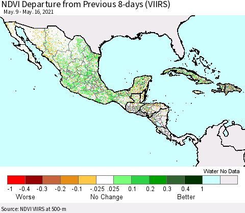 Mexico Central America and the Caribbean NDVI Departure from Previous 8-days (VIIRS) Thematic Map For 5/9/2021 - 5/16/2021