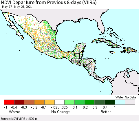 Mexico Central America and the Caribbean NDVI Departure from Previous 8-days (VIIRS) Thematic Map For 5/17/2021 - 5/24/2021