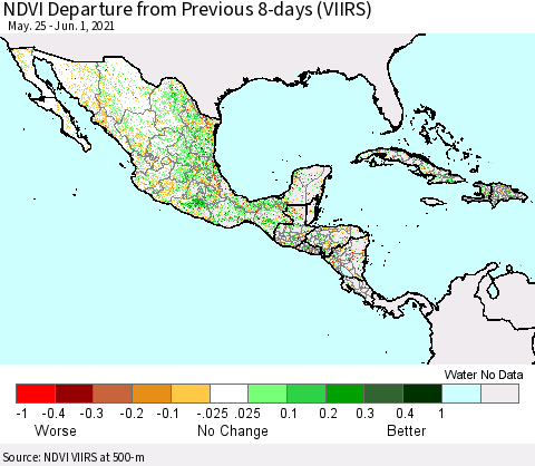 Mexico Central America and the Caribbean NDVI Departure from Previous 8-days (VIIRS) Thematic Map For 5/25/2021 - 6/1/2021