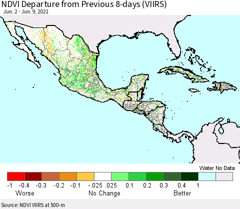 Mexico Central America and the Caribbean NDVI Departure from Previous 8-days (VIIRS) Thematic Map For 6/2/2021 - 6/9/2021