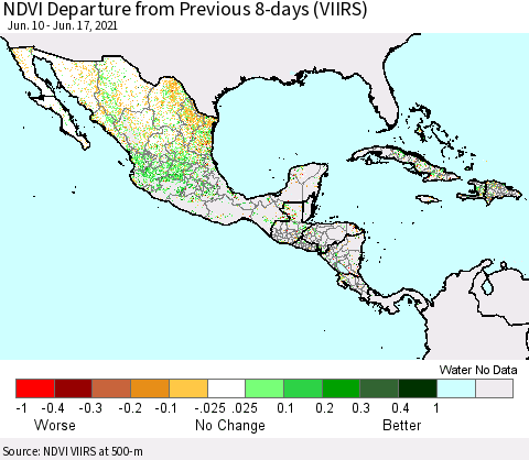 Mexico Central America and the Caribbean NDVI Departure from Previous 8-days (VIIRS) Thematic Map For 6/10/2021 - 6/17/2021