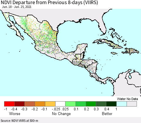 Mexico Central America and the Caribbean NDVI Departure from Previous 8-days (VIIRS) Thematic Map For 6/18/2021 - 6/25/2021