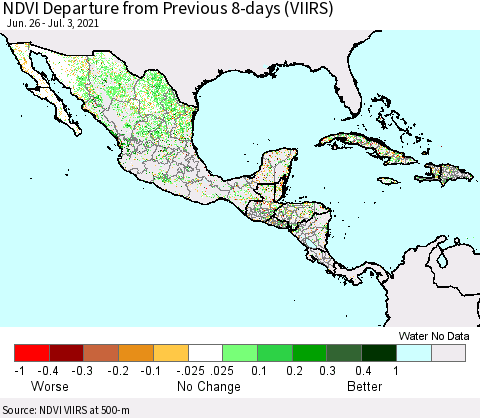Mexico Central America and the Caribbean NDVI Departure from Previous 8-days (VIIRS) Thematic Map For 6/26/2021 - 7/3/2021