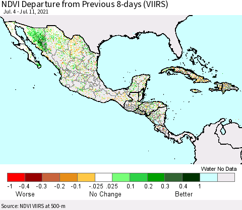 Mexico Central America and the Caribbean NDVI Departure from Previous 8-days (VIIRS) Thematic Map For 7/4/2021 - 7/11/2021