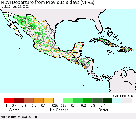 Mexico Central America and the Caribbean NDVI Departure from Previous 8-days (VIIRS) Thematic Map For 7/12/2021 - 7/19/2021