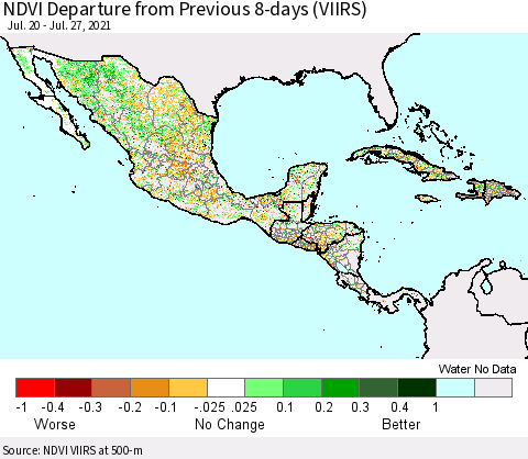 Mexico Central America and the Caribbean NDVI Departure from Previous 8-days (VIIRS) Thematic Map For 7/20/2021 - 7/27/2021