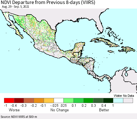Mexico Central America and the Caribbean NDVI Departure from Previous 8-days (VIIRS) Thematic Map For 8/29/2021 - 9/5/2021