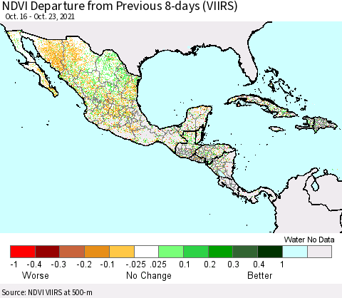 Mexico Central America and the Caribbean NDVI Departure from Previous 8-days (VIIRS) Thematic Map For 10/16/2021 - 10/23/2021