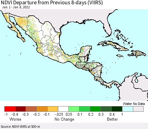 Mexico Central America and the Caribbean NDVI Departure from Previous 8-days (VIIRS) Thematic Map For 1/1/2022 - 1/8/2022