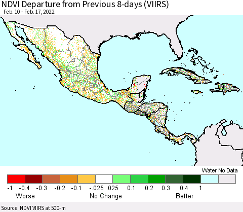 Mexico Central America and the Caribbean NDVI Departure from Previous 8-days (VIIRS) Thematic Map For 2/10/2022 - 2/17/2022