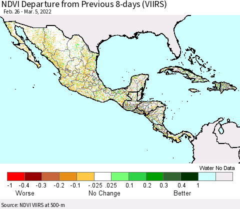 Mexico Central America and the Caribbean NDVI Departure from Previous 8-days (VIIRS) Thematic Map For 2/26/2022 - 3/5/2022