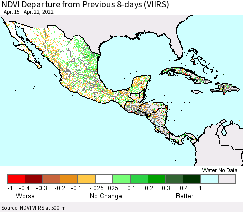Mexico Central America and the Caribbean NDVI Departure from Previous 8-days (VIIRS) Thematic Map For 4/15/2022 - 4/22/2022