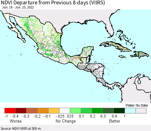 Mexico Central America and the Caribbean NDVI Departure from Previous 8-days (VIIRS) Thematic Map For 6/18/2022 - 6/25/2022