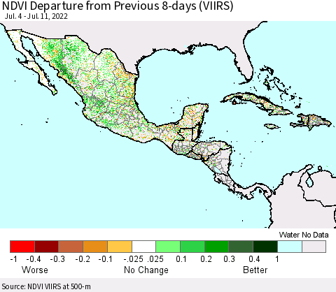Mexico Central America and the Caribbean NDVI Departure from Previous 8-days (VIIRS) Thematic Map For 7/4/2022 - 7/11/2022