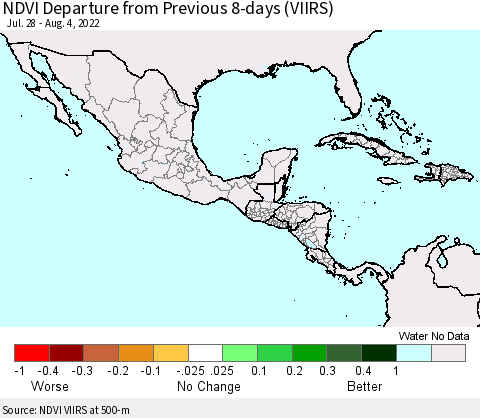 Mexico Central America and the Caribbean NDVI Departure from Previous 8-days (VIIRS) Thematic Map For 7/28/2022 - 8/4/2022