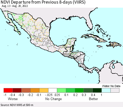 Mexico Central America and the Caribbean NDVI Departure from Previous 8-days (VIIRS) Thematic Map For 8/13/2022 - 8/20/2022