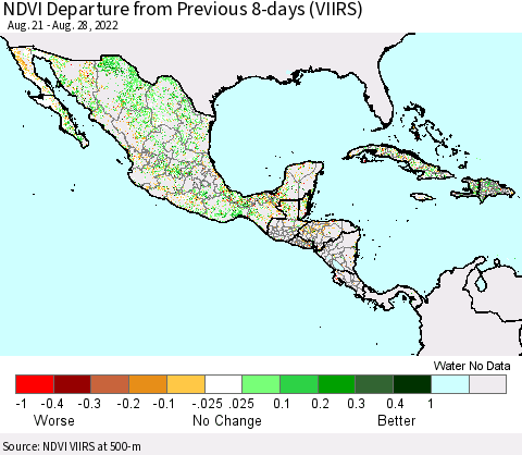Mexico Central America and the Caribbean NDVI Departure from Previous 8-days (VIIRS) Thematic Map For 8/21/2022 - 8/28/2022
