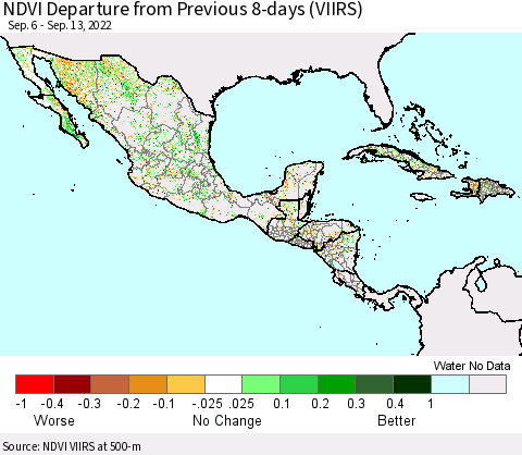 Mexico Central America and the Caribbean NDVI Departure from Previous 8-days (VIIRS) Thematic Map For 9/6/2022 - 9/13/2022