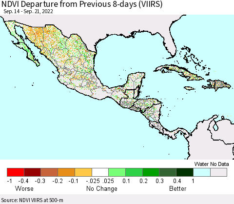 Mexico Central America and the Caribbean NDVI Departure from Previous 8-days (VIIRS) Thematic Map For 9/14/2022 - 9/21/2022