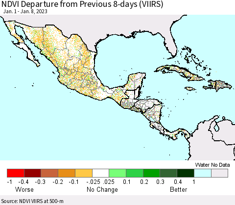 Mexico Central America and the Caribbean NDVI Departure from Previous 8-days (VIIRS) Thematic Map For 1/1/2023 - 1/8/2023