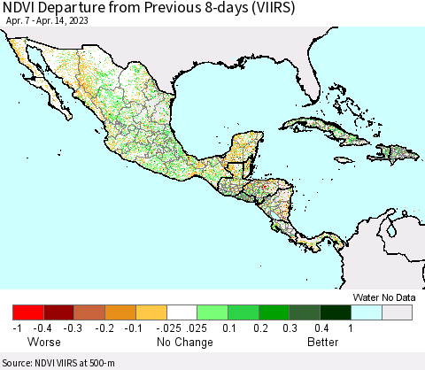 Mexico Central America and the Caribbean NDVI Departure from Previous 8-days (VIIRS) Thematic Map For 4/7/2023 - 4/14/2023