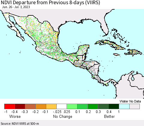 Mexico Central America and the Caribbean NDVI Departure from Previous 8-days (VIIRS) Thematic Map For 6/26/2023 - 7/3/2023