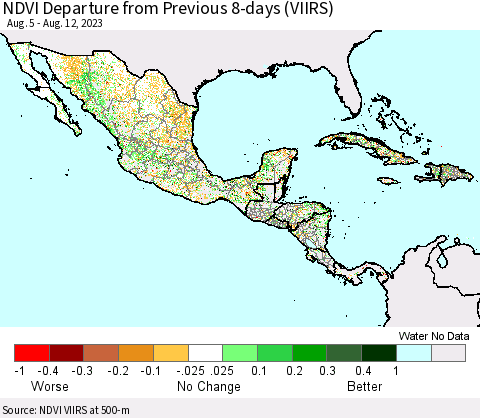 Mexico Central America and the Caribbean NDVI Departure from Previous 8-days (VIIRS) Thematic Map For 8/5/2023 - 8/12/2023