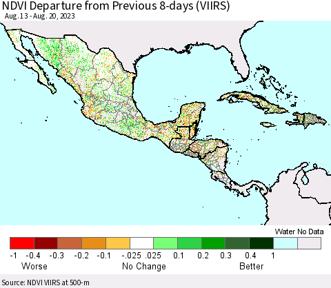 Mexico Central America and the Caribbean NDVI Departure from Previous 8-days (VIIRS) Thematic Map For 8/13/2023 - 8/20/2023