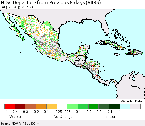 Mexico Central America and the Caribbean NDVI Departure from Previous 8-days (VIIRS) Thematic Map For 8/21/2023 - 8/28/2023