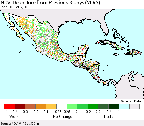 Mexico Central America and the Caribbean NDVI Departure from Previous 8-days (VIIRS) Thematic Map For 9/30/2023 - 10/7/2023
