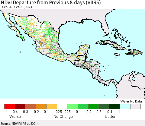 Mexico Central America and the Caribbean NDVI Departure from Previous 8-days (VIIRS) Thematic Map For 10/24/2023 - 10/31/2023