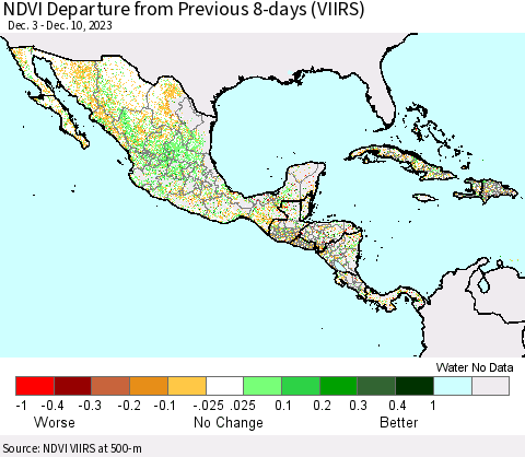 Mexico Central America and the Caribbean NDVI Departure from Previous 8-days (VIIRS) Thematic Map For 12/3/2023 - 12/10/2023