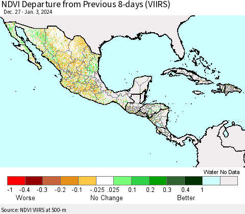 Mexico Central America and the Caribbean NDVI Departure from Previous 8-days (VIIRS) Thematic Map For 12/27/2023 - 1/3/2024