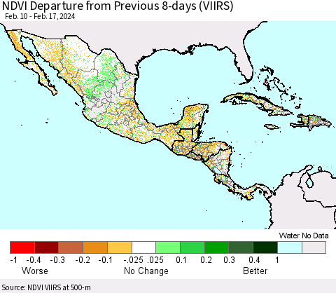 Mexico Central America and the Caribbean NDVI Departure from Previous 8-days (VIIRS) Thematic Map For 2/10/2024 - 2/17/2024