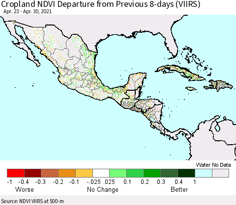 Mexico Central America and the Caribbean Cropland NDVI Departure from Previous 8-days (VIIRS) Thematic Map For 4/23/2021 - 4/30/2021